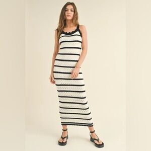 Miou Muse Crochet Knitted Dress Womens M Long Maxi Black White Boho lined NEW